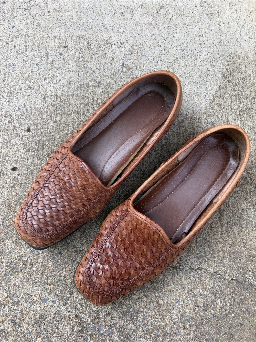 Brown Woven Leather Slip-On Loafers Flats